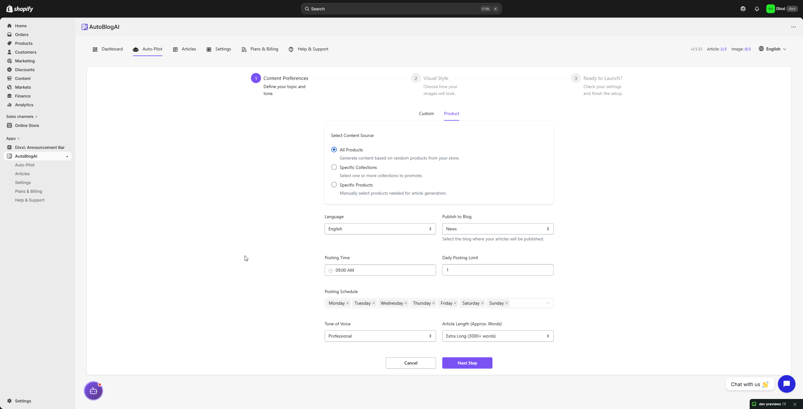AutoBlog AI product mode content preferences
