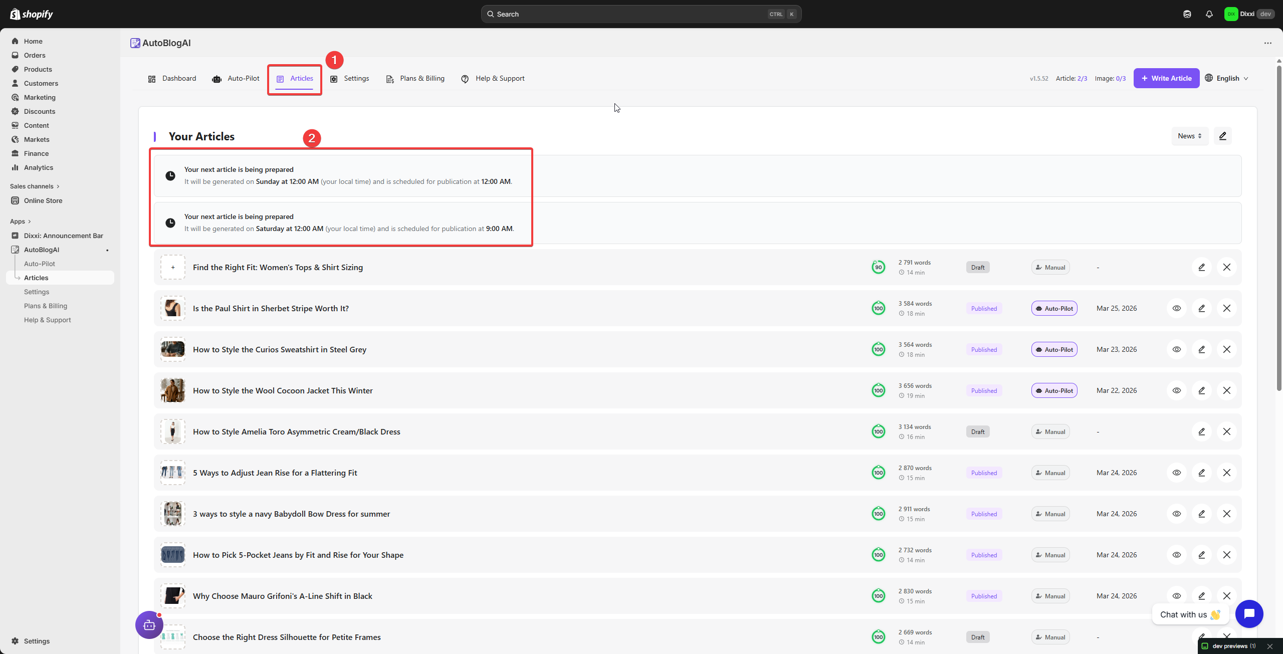 AutoBlog AI Articles page showing the next scheduled article