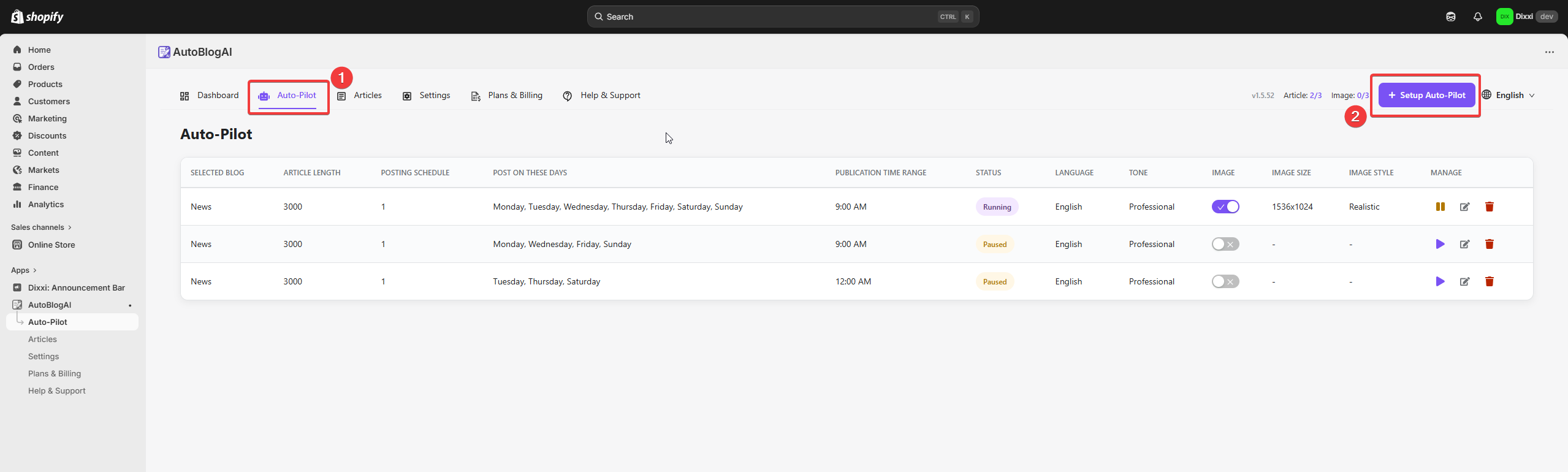 AutoBlog AI Auto-Pilot rules page in Shopify admin