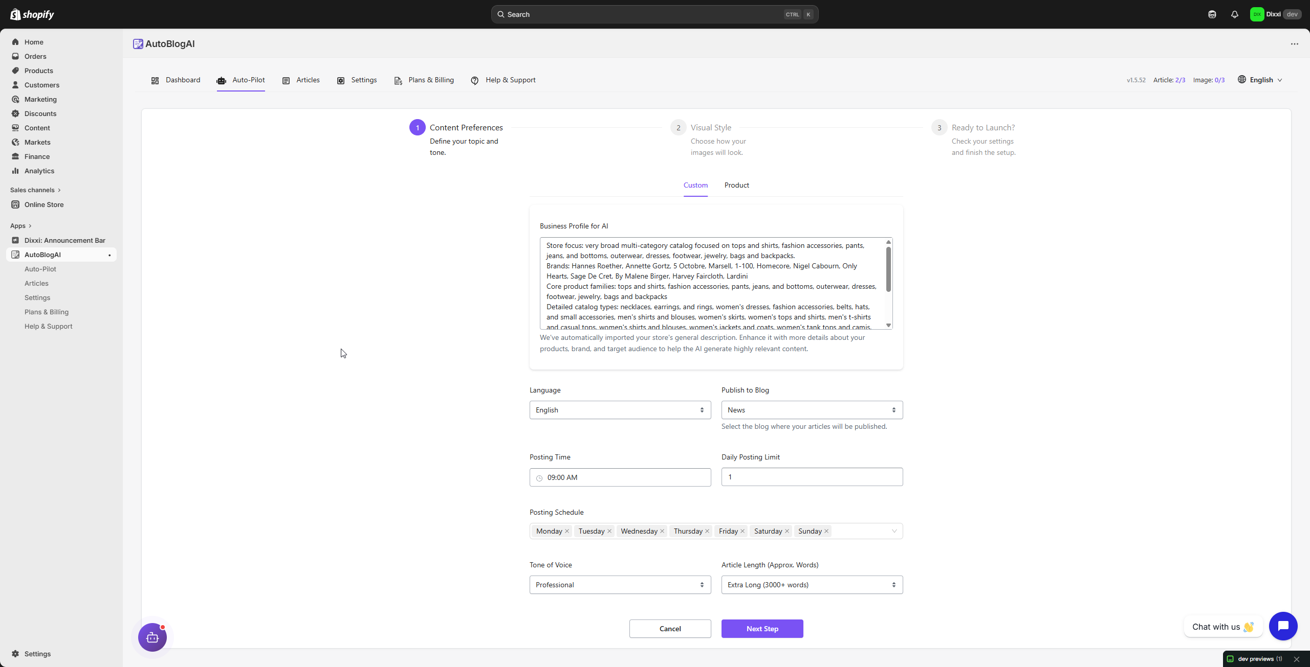 AutoBlog AI content preferences screen for storewide Auto-Pilot