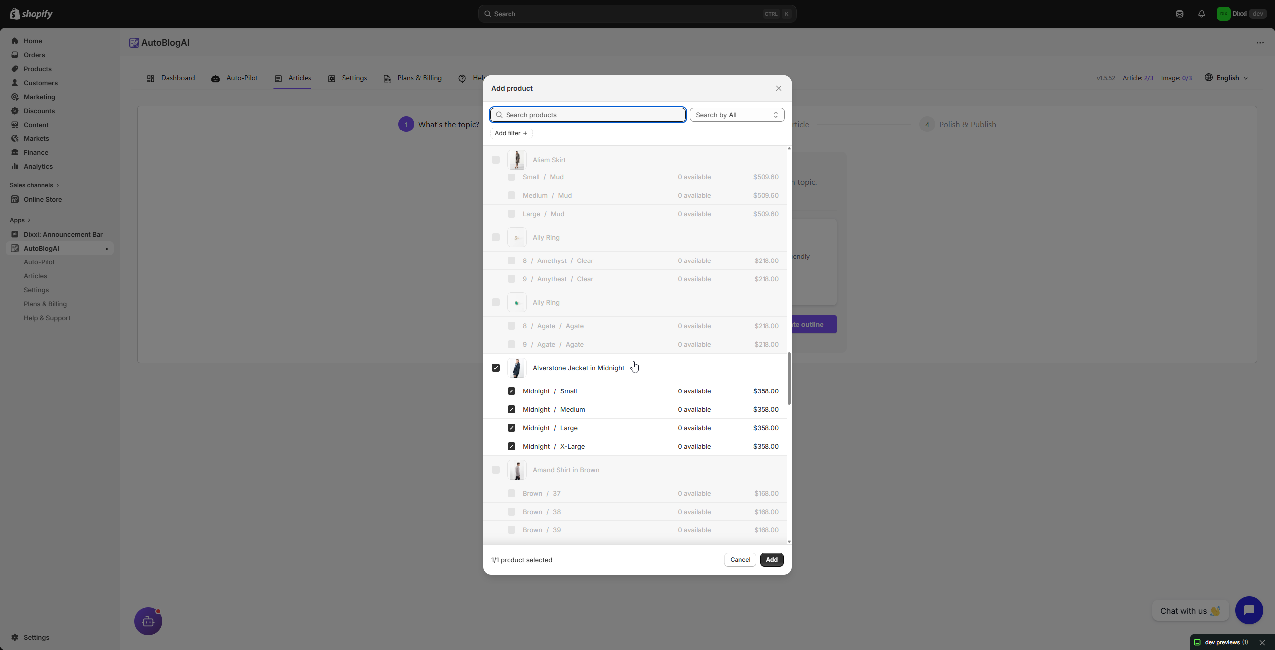 AutoBlog AI product picker modal