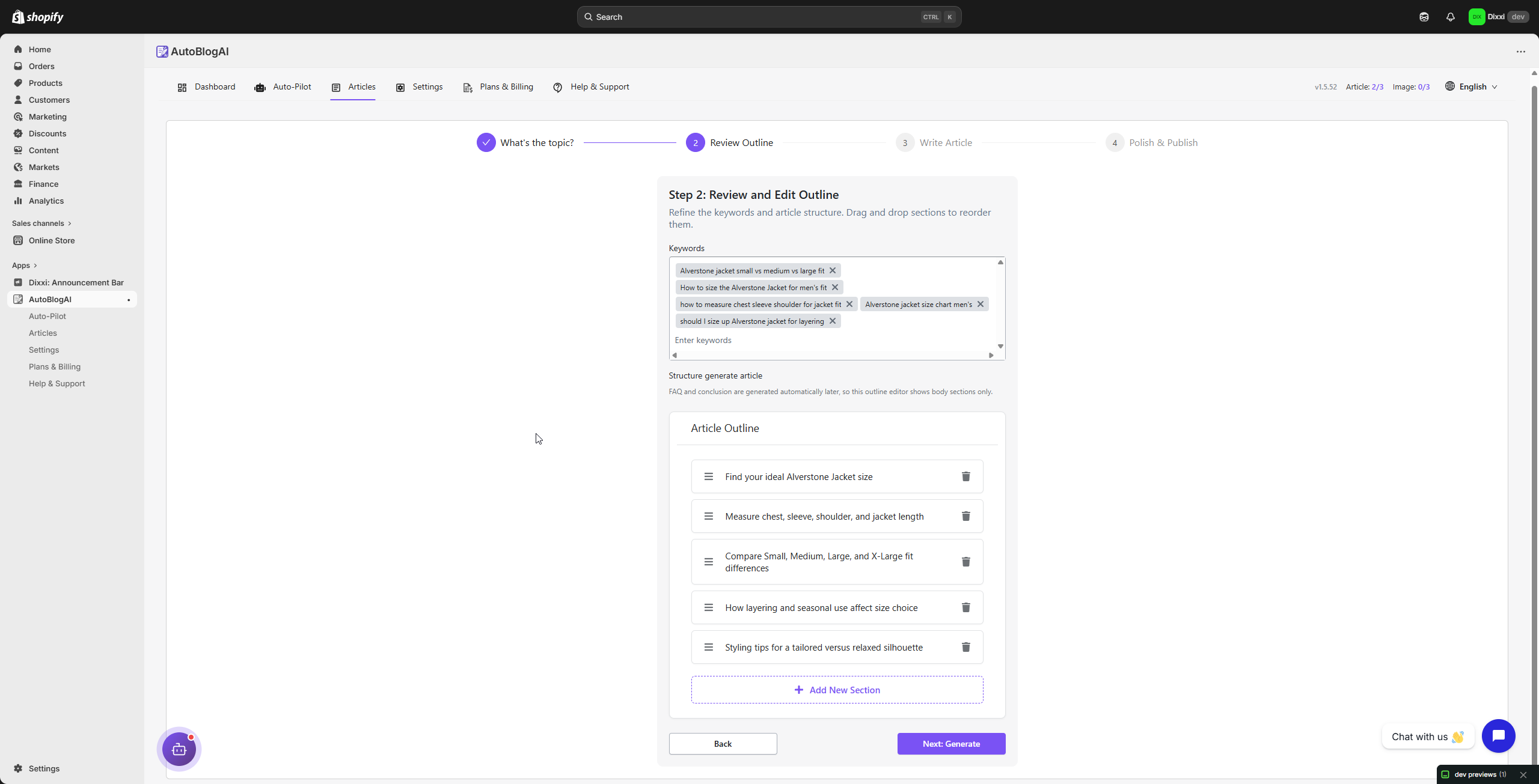 AutoBlog AI product article outline screen