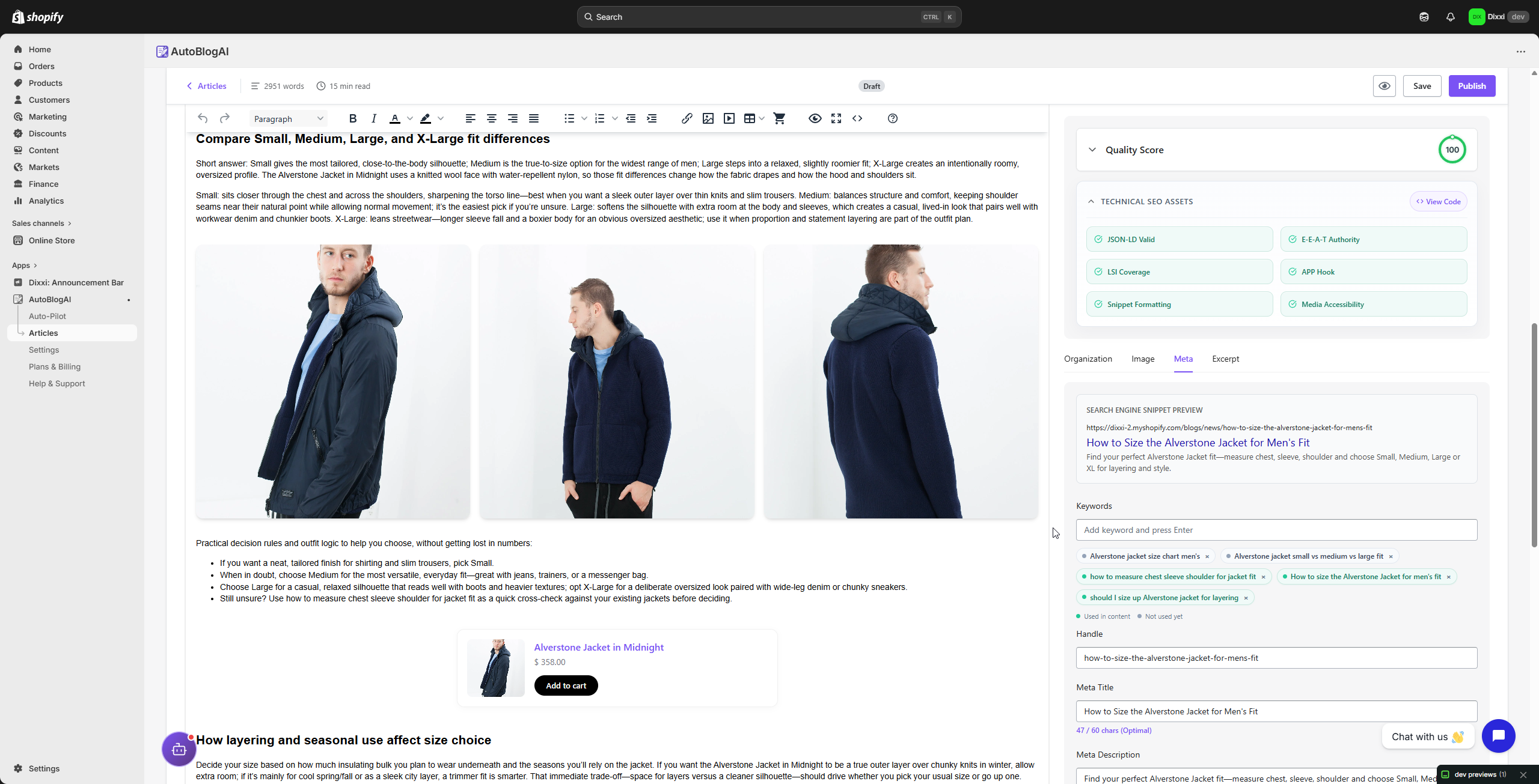 AutoBlog AI editor showing product images and add to cart block