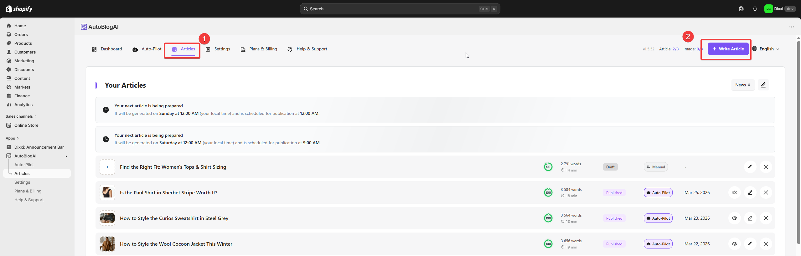 AutoBlog AI Articles page with Write Article button