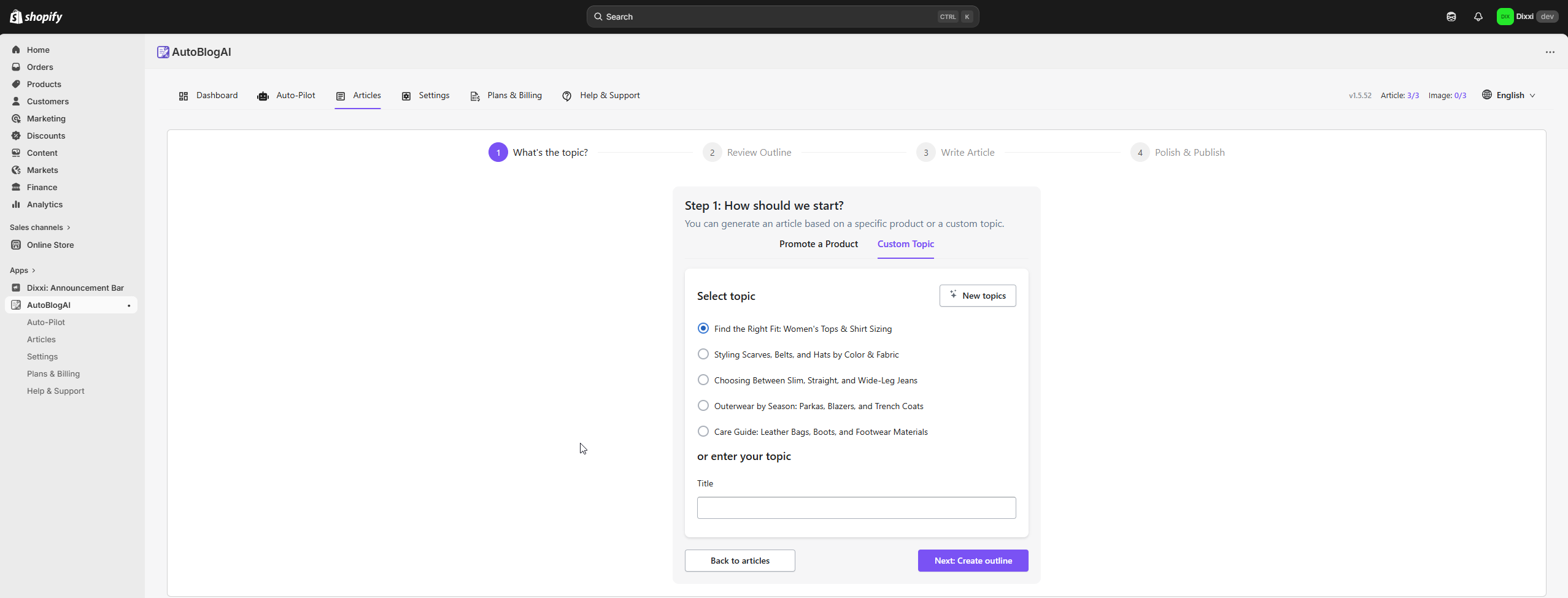 AutoBlog AI manual article topic selection screen